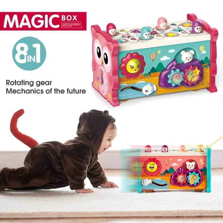 8-in-1 Magic Box Educational Toy | Hammering, Magnetic Fishing, Xylophone, Moving Gears & Learning Clock | Montessori Activity Toy for Kids