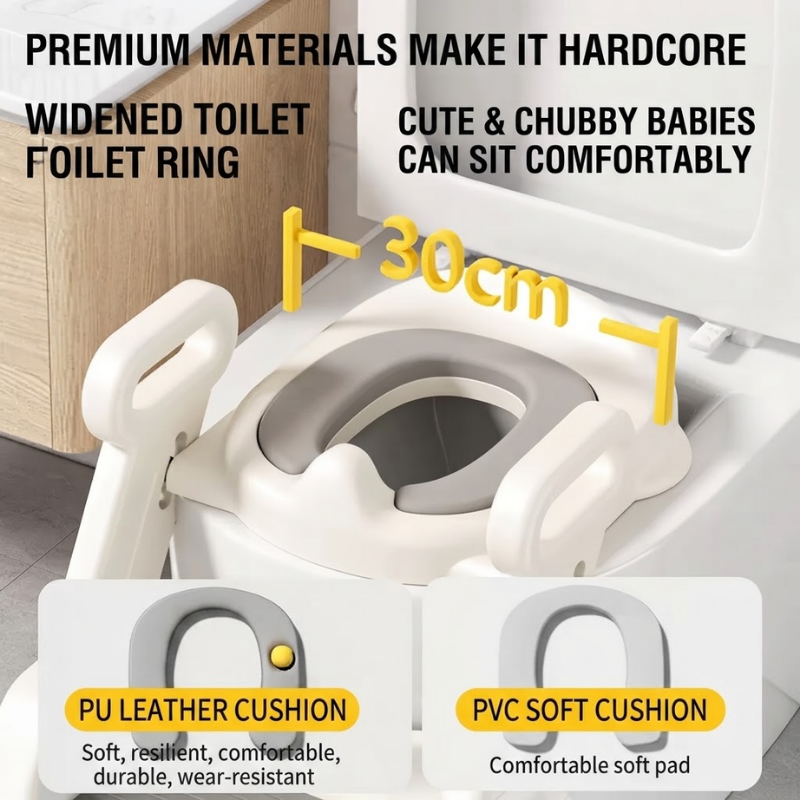 Baby Potty Training Toilet Ladder Seat with Soft PU Cushion | Adjustable Height Toddler Toilet Trainer | Non-Slip Wide Step Stool | 6 Months–10 Years | Potty Trainer thumbnail