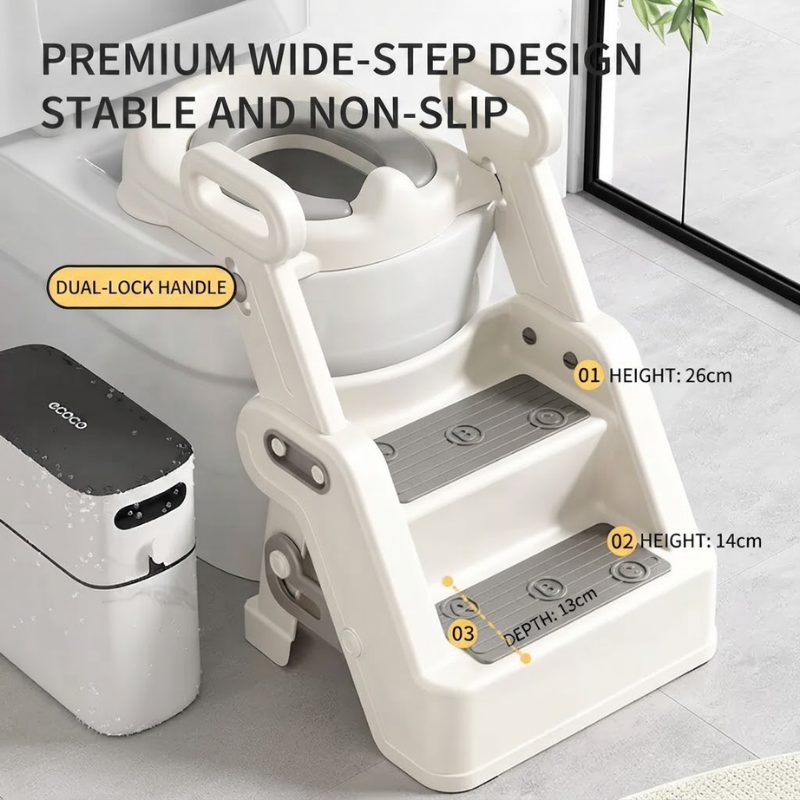Baby Potty Training Toilet Ladder Seat with Soft PU Cushion | Adjustable Height Toddler Toilet Trainer | Non-Slip Wide Step Stool | 6 Months–10 Years | Potty Trainer thumbnail