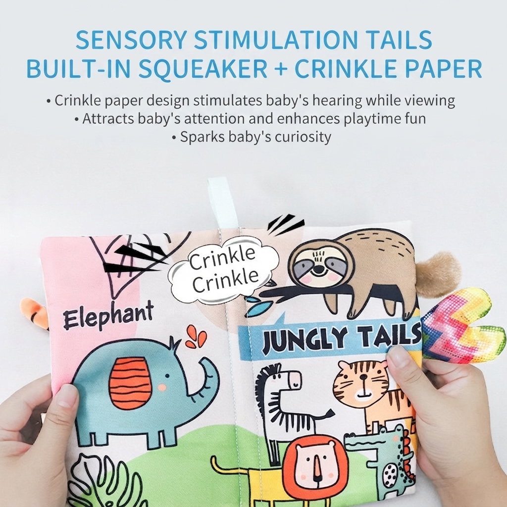 Colorful Animal Tails Baby Cloth Book | Soft Sensory Touch & Feel Book for Babies & Toddlers | Early Learning Crinkle Activity Book thumbnail
