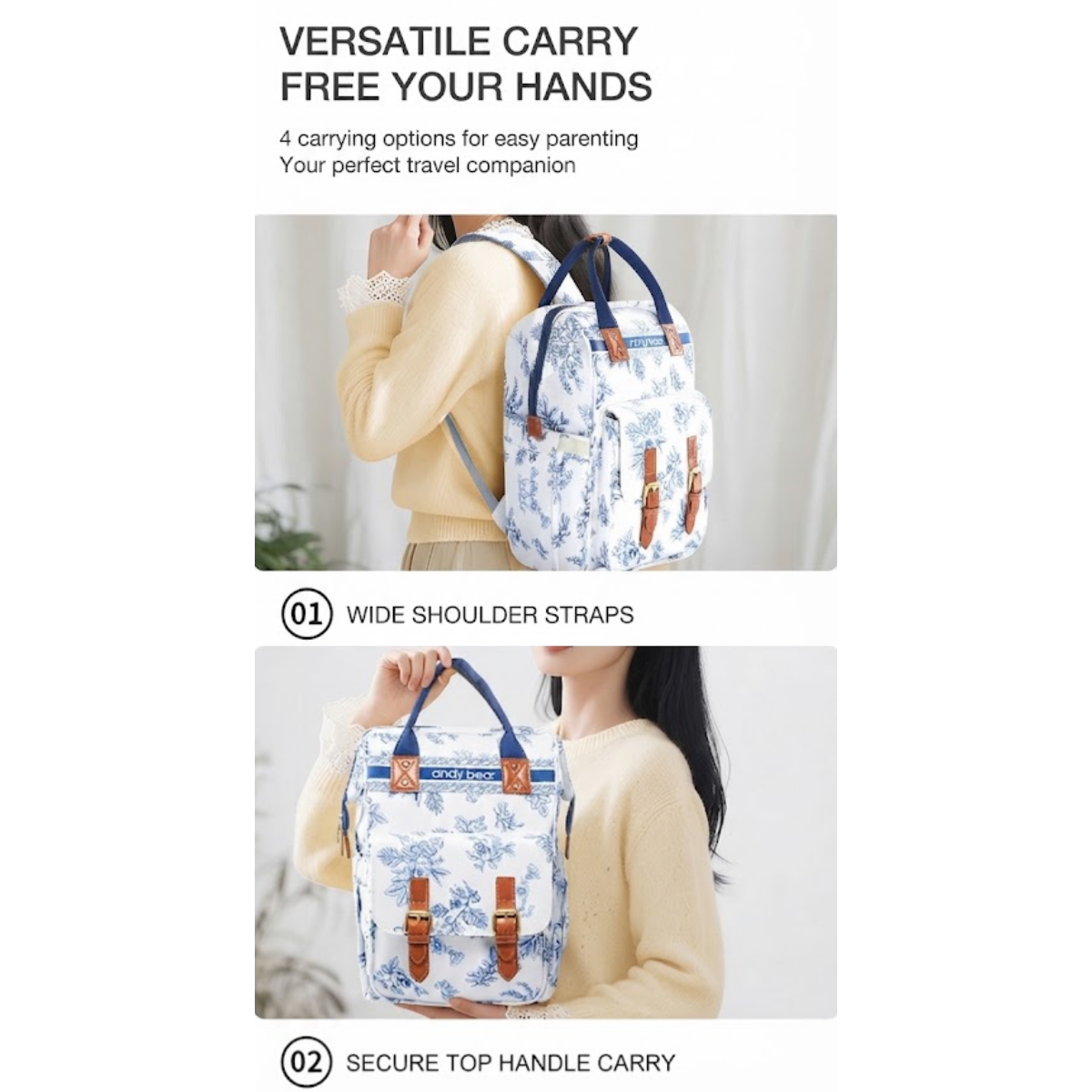 Andy Bear Multifunctional Mommy Bag | Large Capacity Baby Diaper Backpack | Insulated Bottle Pockets, Wet Clothes Compartment & Stroller Straps | Waterproof Travel Baby Bag thumbnail