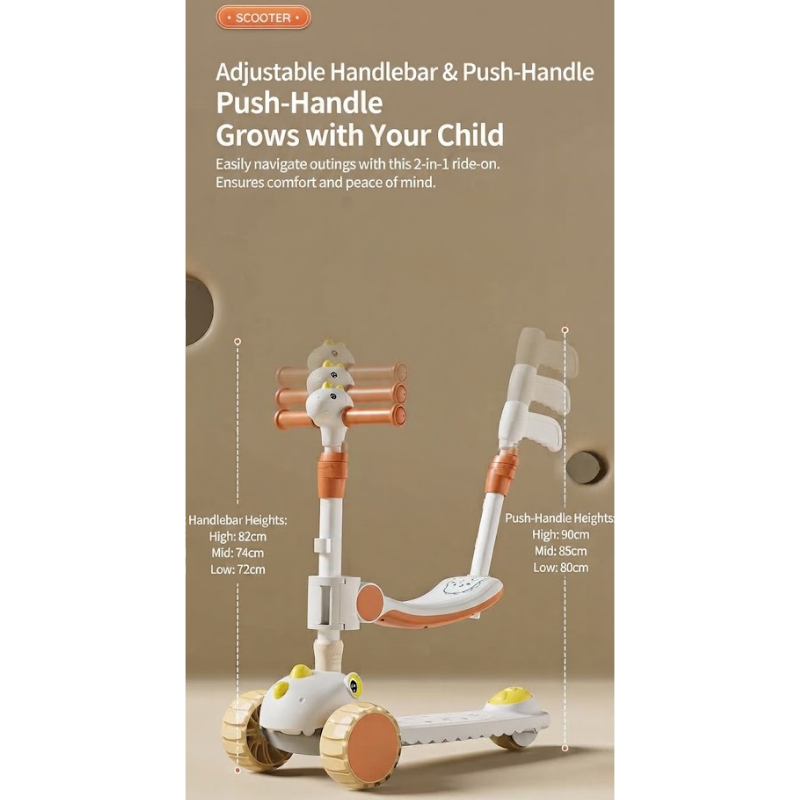 Dinosaur Scooter for Kids with Detachable Seat & Helmet | Foldable 3-Wheel Ride-On Scooter | Music & Light | Adjustable Handlebar | thumbnail