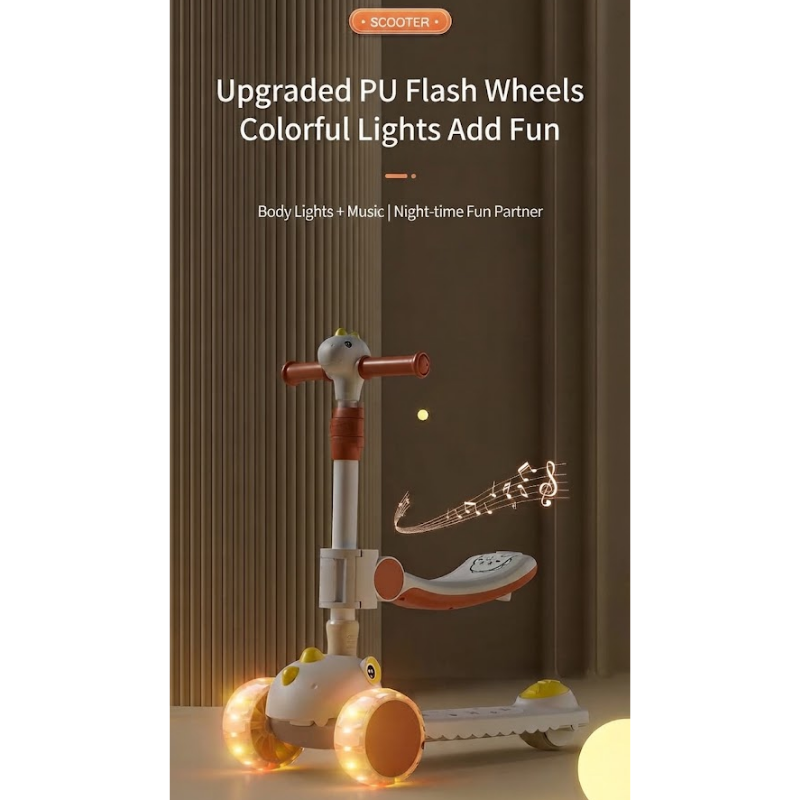 Dinosaur Scooter for Kids with Detachable Seat & Helmet | Foldable 3-Wheel Ride-On Scooter | Music & Light | Adjustable Handlebar | thumbnail