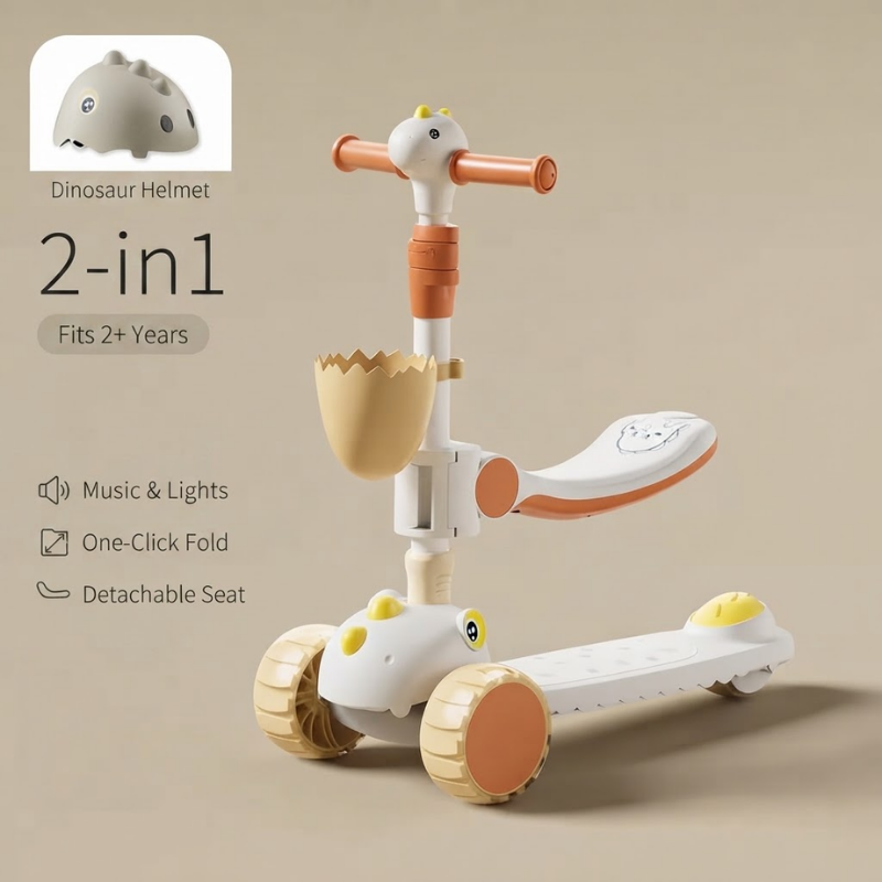 Dinosaur Scooter for Kids with Detachable Seat & Helmet | Foldable 3-Wheel Ride-On Scooter | Music & Light | Adjustable Handlebar |