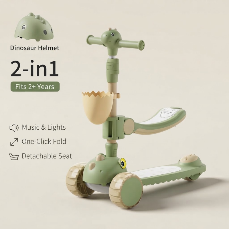 Dinosaur Scooter for Kids with Detachable Seat & Helmet | Foldable 3-Wheel Ride-On Scooter | Music & Light | Adjustable Handlebar | thumbnail
